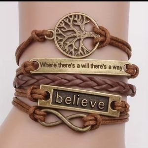 NWT Boho handwoven bronze bracelet, leather rope and tree pattern, "Believe"